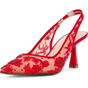 Betsey Johnson Womens Red Textile Closed Pointed Toe Slingback Nikki Pump